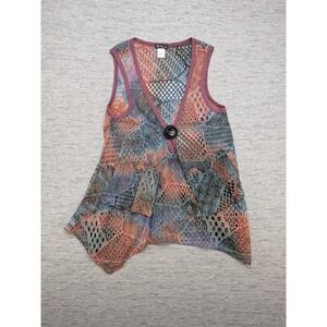 Lily Firmana Crochet Vest Sleeveless Button‎ Colorful Boho Chic Asymmetrical Art